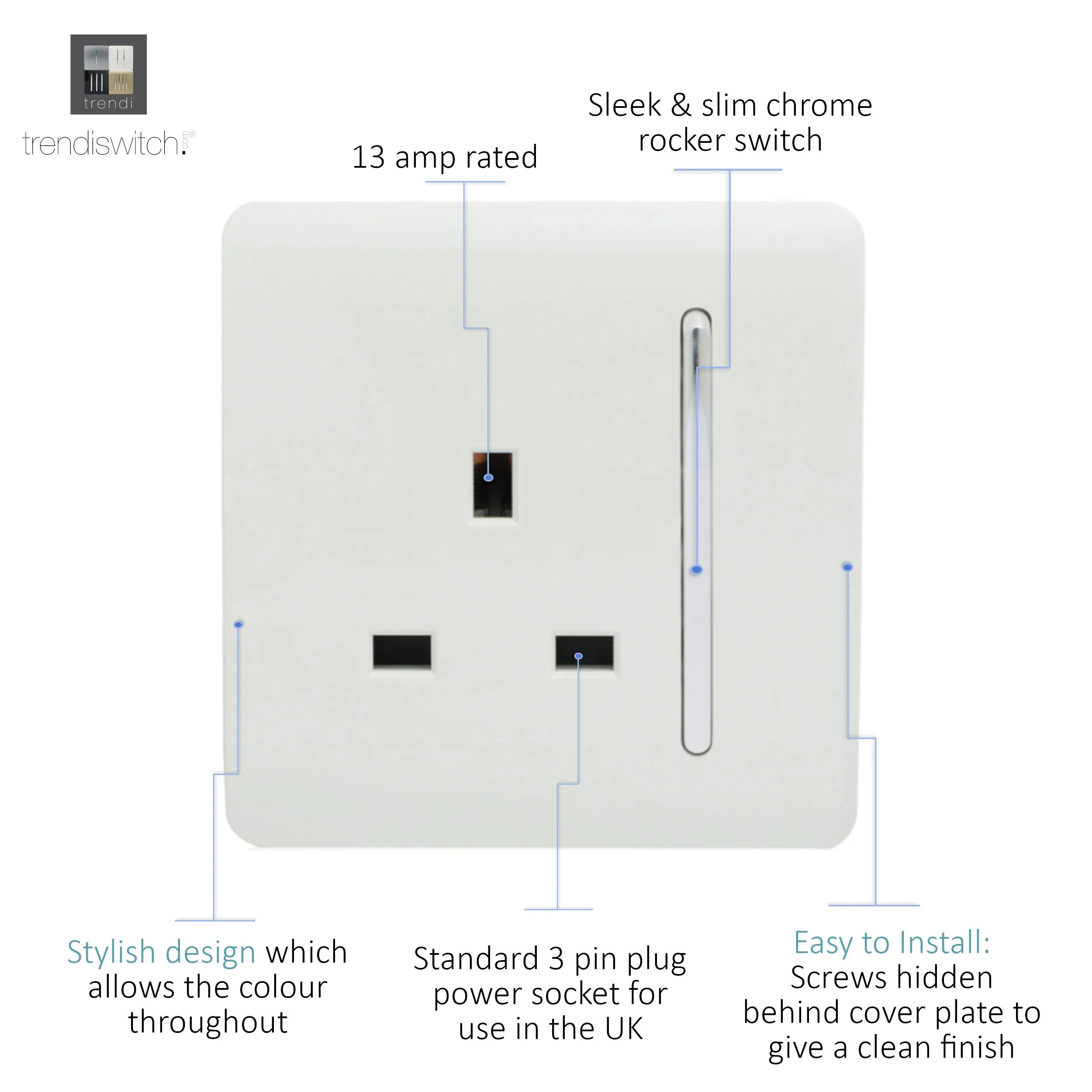 1 Gang 13Amp Switched Single Socket Ice White ART-SKT13WH  Trendi Ice White